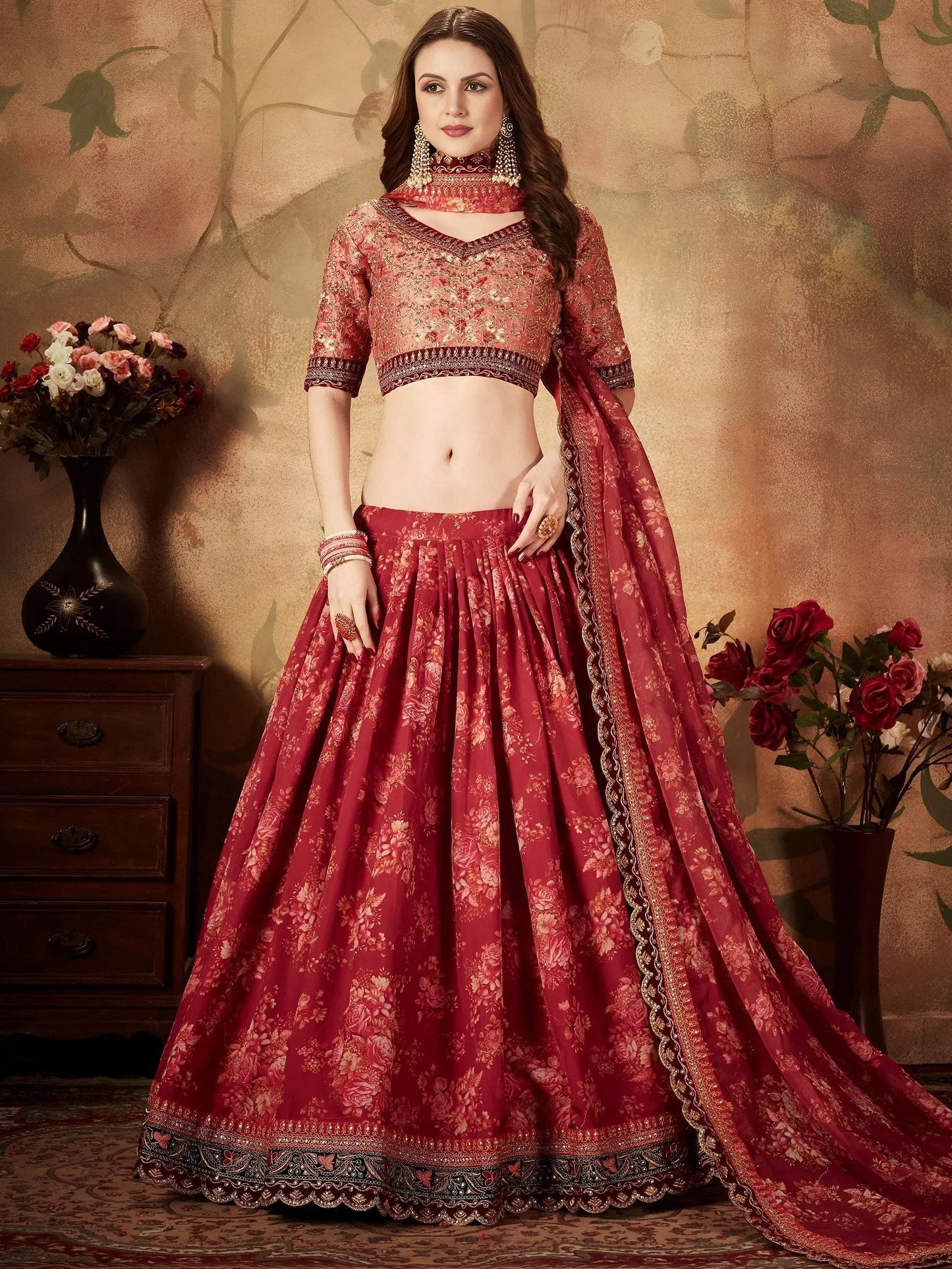 Tulsi Art Maroon Floral Digital Printed Organza Bridal Lehenga Choli