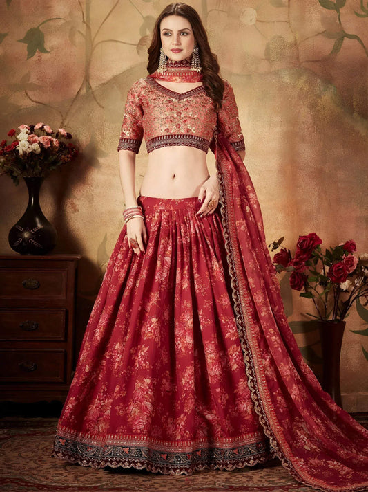 Tulsi Art Maroon Floral Digital Printed Organza Bridal Lehenga Choli