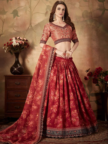 Tulsi Art Maroon Floral Digital Printed Organza Bridal Lehenga Choli