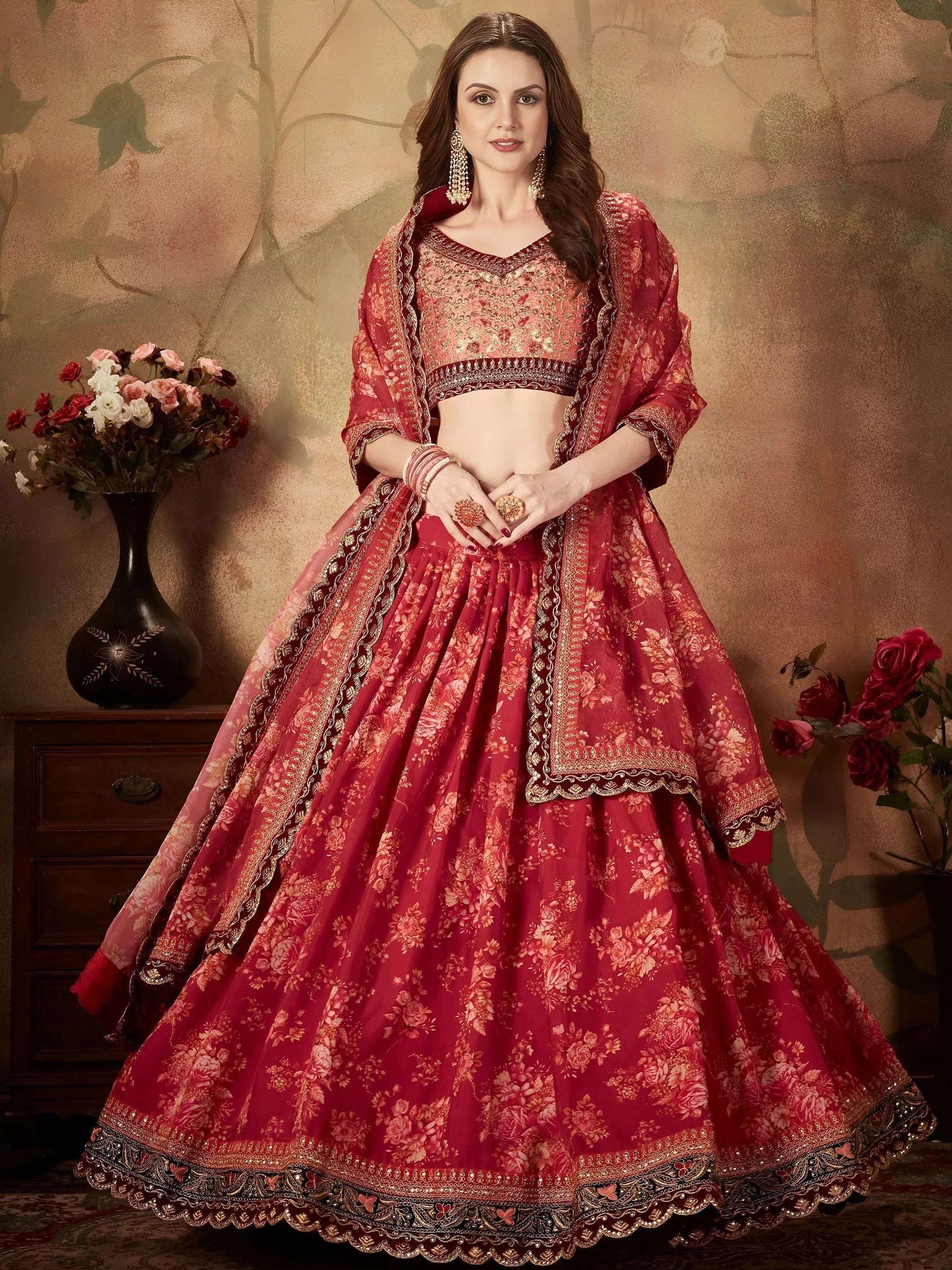Tulsi Art Maroon Floral Digital Printed Organza Bridal Lehenga Choli