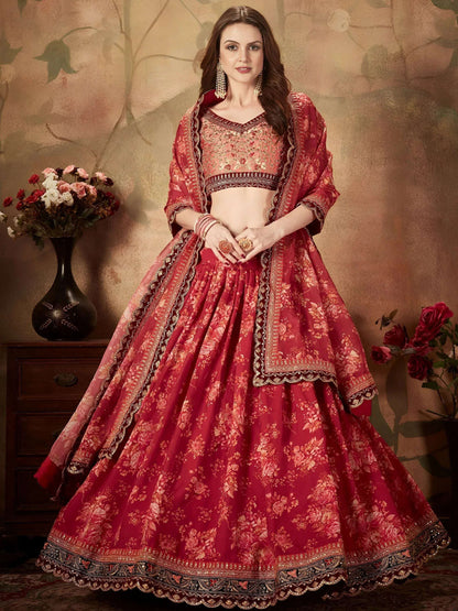 Tulsi Art Maroon Floral Digital Printed Organza Bridal Lehenga Choli