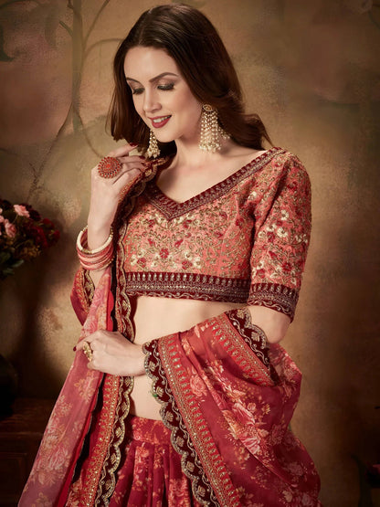 Tulsi Art Maroon Floral Digital Printed Organza Bridal Lehenga Choli