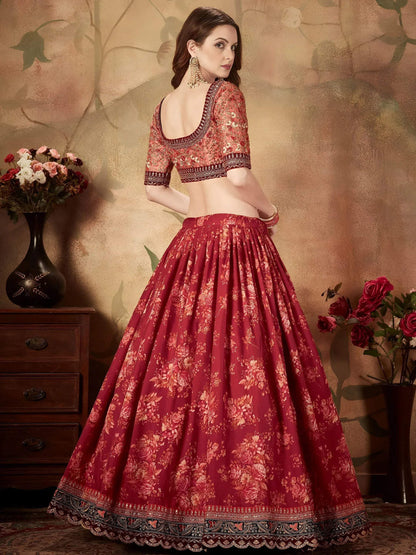 Tulsi Art Maroon Floral Digital Printed Organza Bridal Lehenga Choli