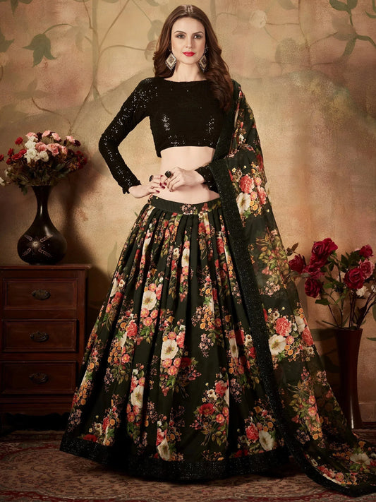 Tulsi Art Black Floral Digital Printed Organza Party Wear Lehenga Choli