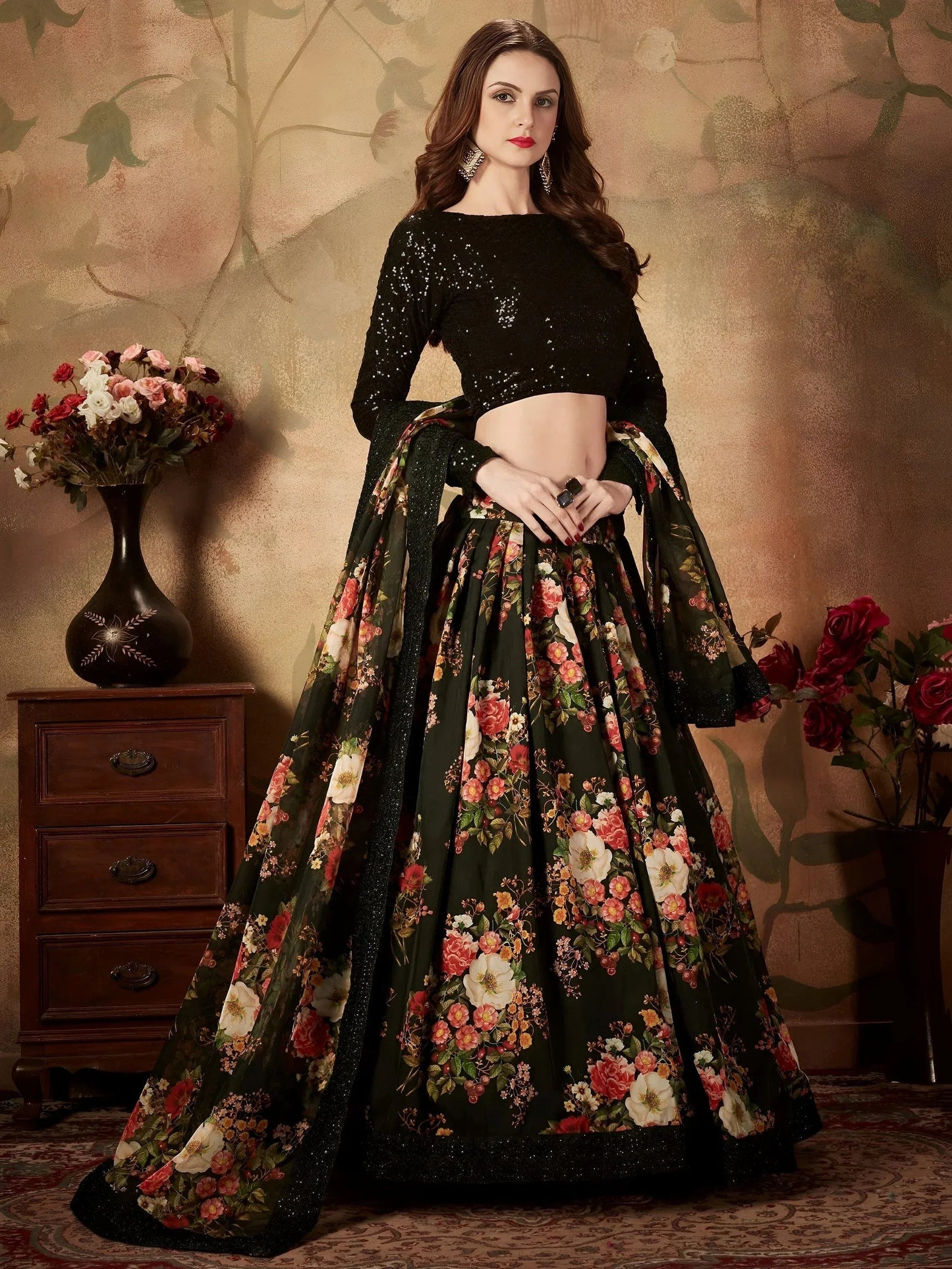 Tulsi Art Black Floral Digital Printed Organza Party Wear Lehenga Choli