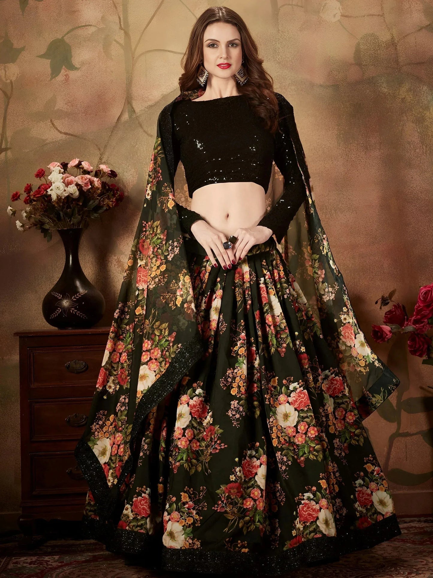 Tulsi Art Black Floral Digital Printed Organza Party Wear Lehenga Choli