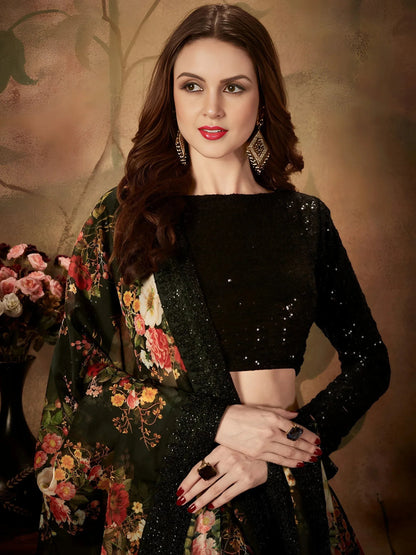 Tulsi Art Black Floral Digital Printed Organza Party Wear Lehenga Choli