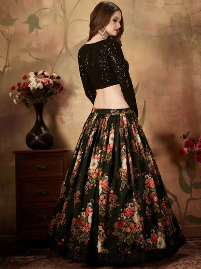Tulsi Art Black Floral Digital Printed Organza Party Wear Lehenga Choli