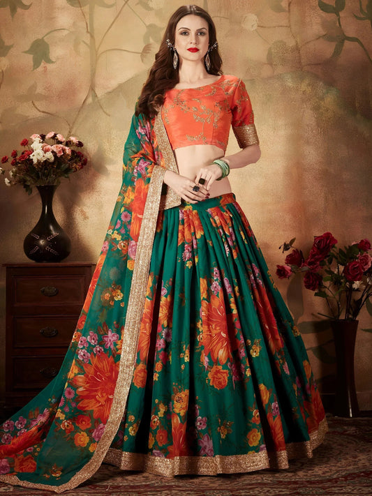 Tulsi Art Green Floral Digital Printed Organza Bridal Lehenga Choli