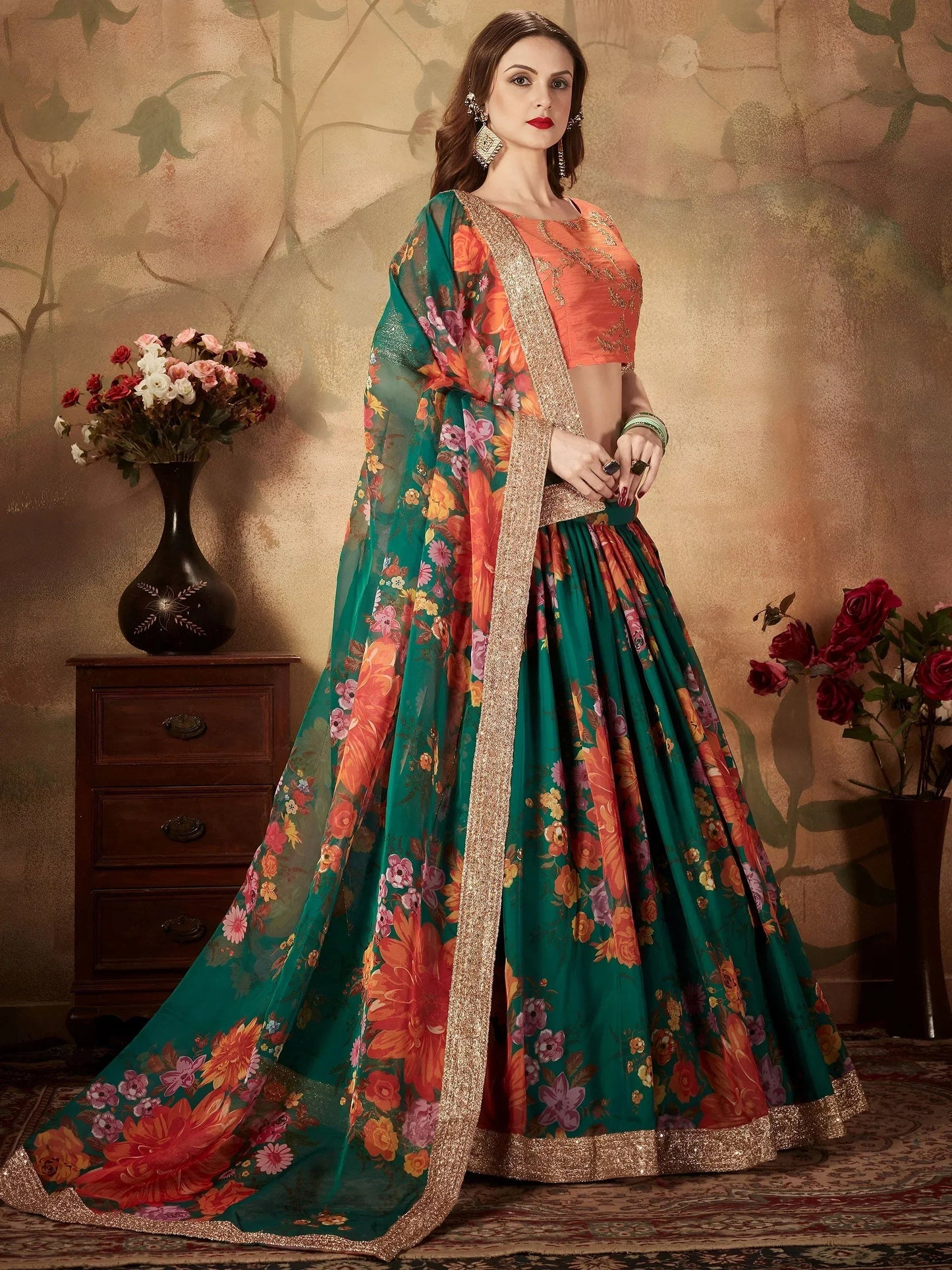 Tulsi Art Green Floral Digital Printed Organza Bridal Lehenga Choli