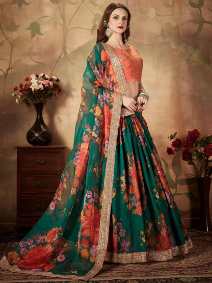 Tulsi Art Green Floral Digital Printed Organza Bridal Lehenga Choli