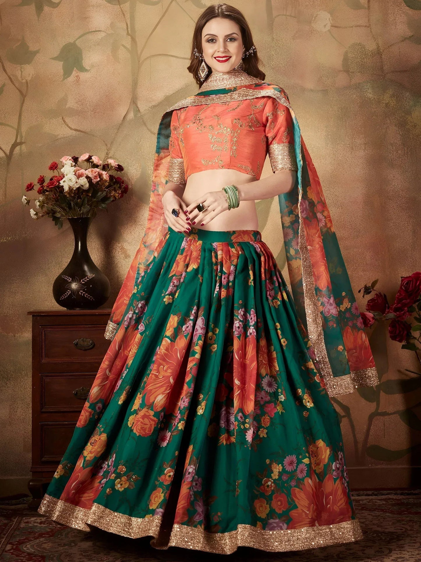 Tulsi Art Green Floral Digital Printed Organza Bridal Lehenga Choli