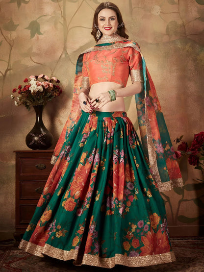 Tulsi Art Green Floral Digital Printed Organza Bridal Lehenga Choli