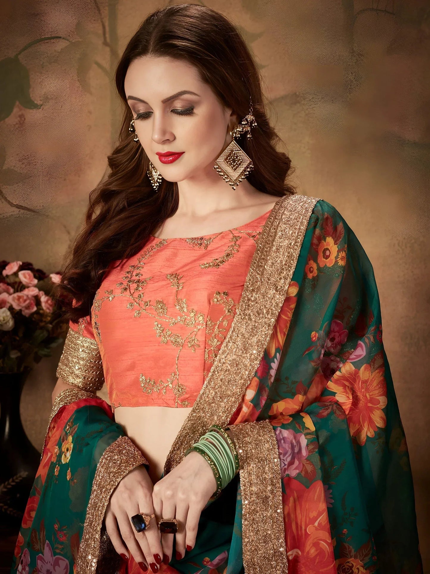 Tulsi Art Green Floral Digital Printed Organza Bridal Lehenga Choli