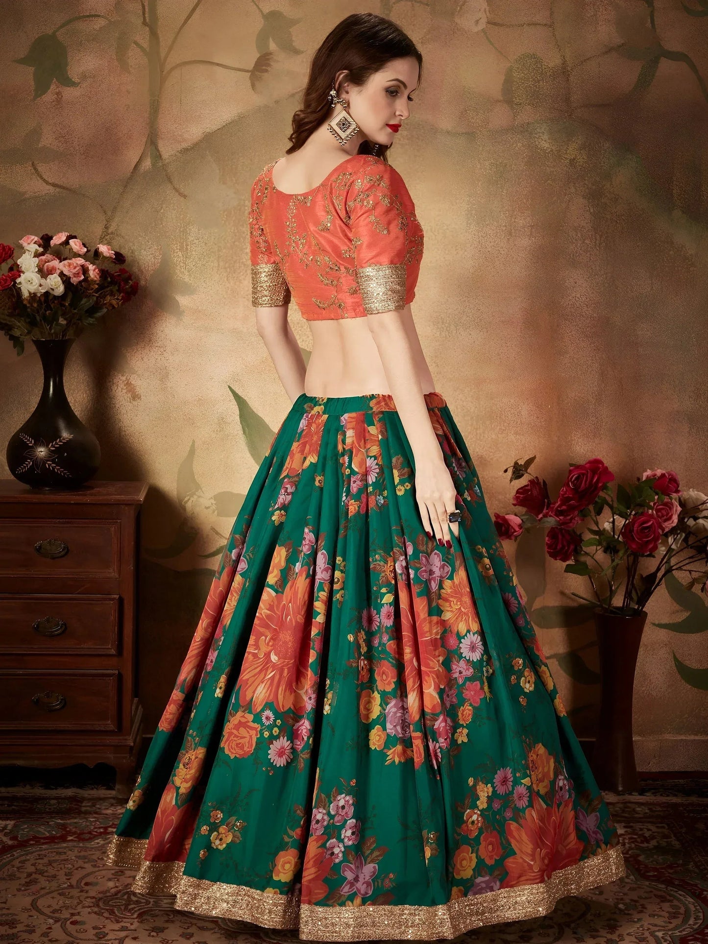 Tulsi Art Green Floral Digital Printed Organza Bridal Lehenga Choli