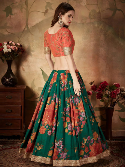 Tulsi Art Green Floral Digital Printed Organza Bridal Lehenga Choli