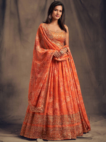 Tulsi Art Orange Floral Embroidered Organza Wedding Wear Lehenga Choli
