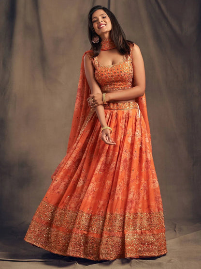 Tulsi Art Orange Floral Embroidered Organza Wedding Wear Lehenga Choli
