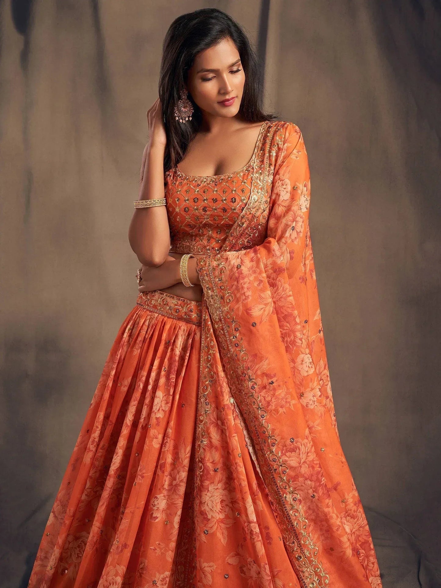 Tulsi Art Orange Floral Embroidered Organza Wedding Wear Lehenga Choli