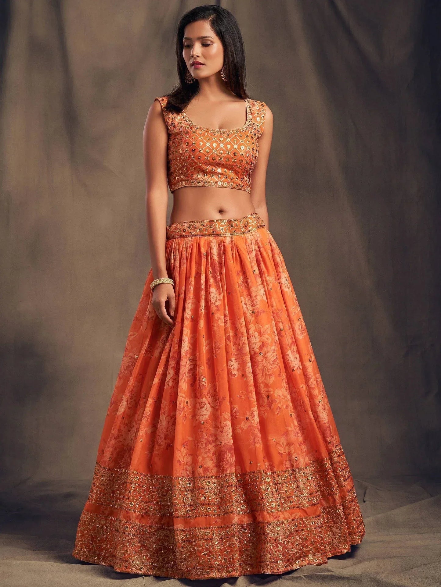 Tulsi Art Orange Floral Embroidered Organza Wedding Wear Lehenga Choli