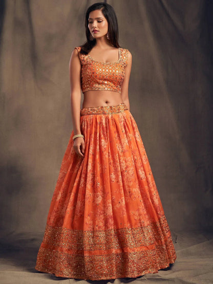 Tulsi Art Orange Floral Embroidered Organza Wedding Wear Lehenga Choli