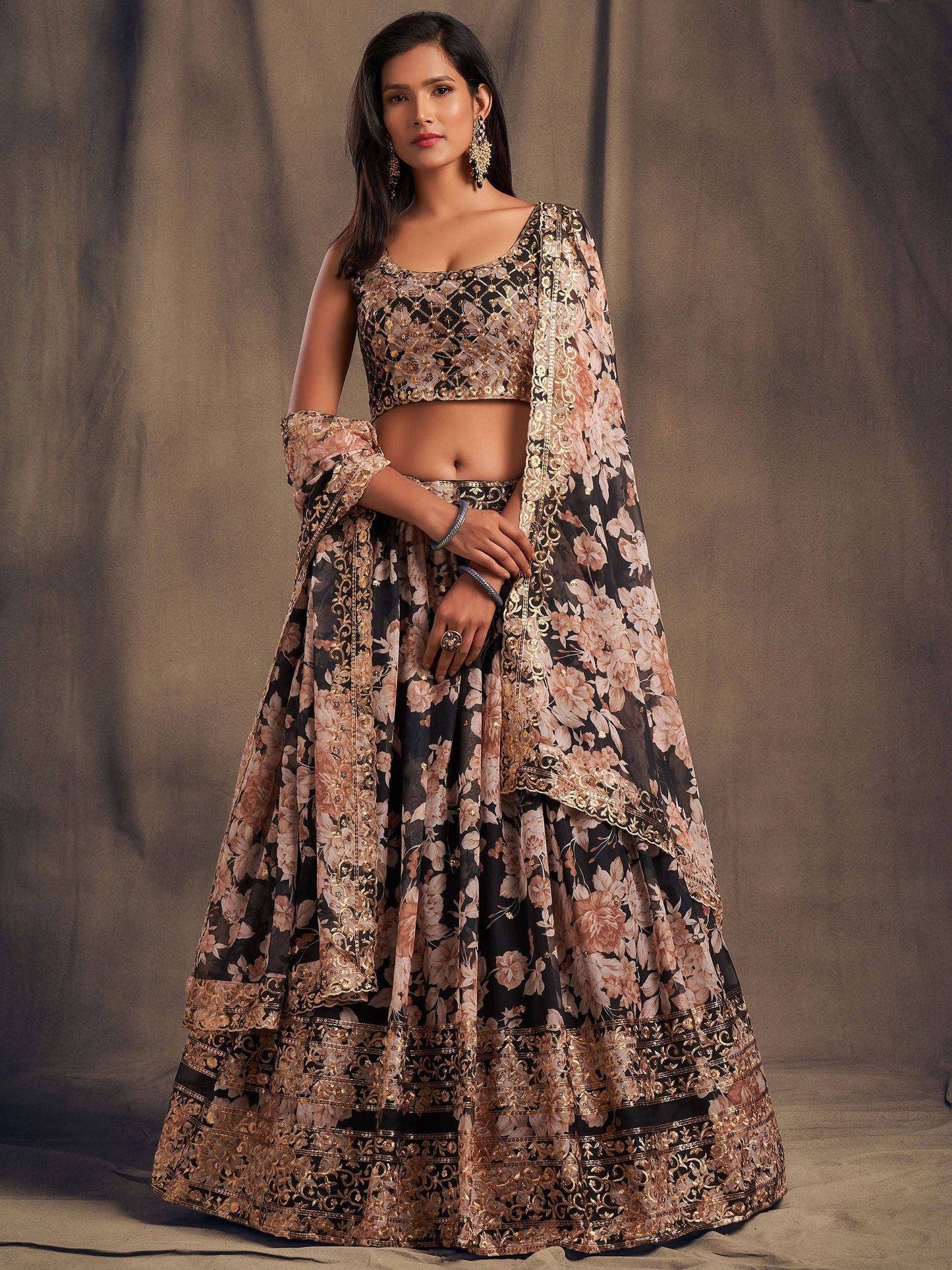 Tulsi Art Black Floral Embroidered Organza Wedding Wear Lehenga Choli