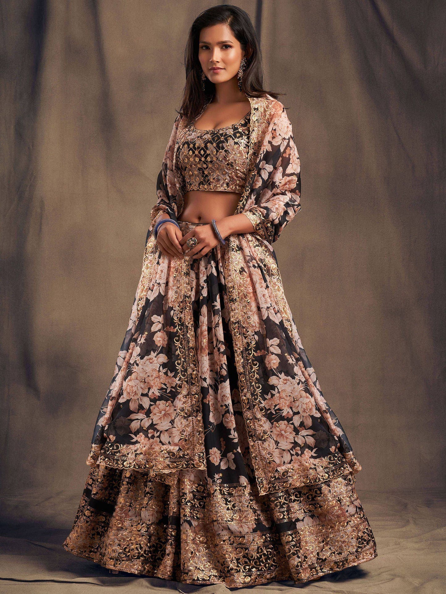 Tulsi Art Black Floral Embroidered Organza Wedding Wear Lehenga Choli