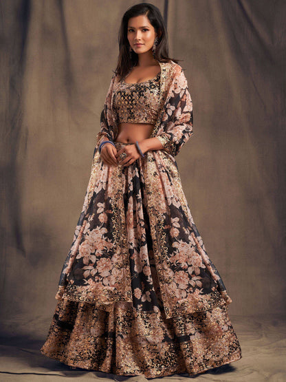 Tulsi Art Black Floral Embroidered Organza Wedding Wear Lehenga Choli