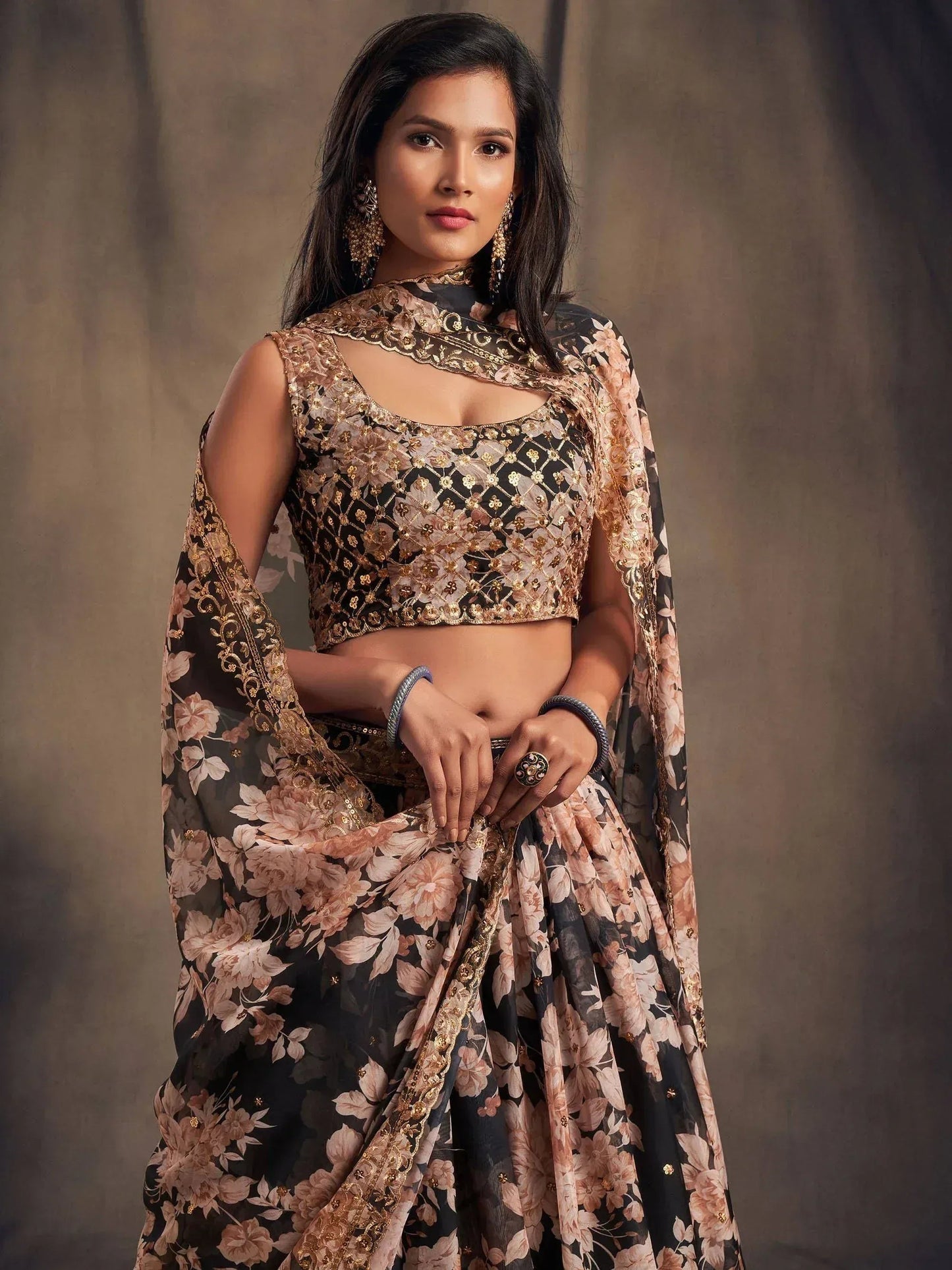 Tulsi Art Black Floral Embroidered Organza Wedding Wear Lehenga Choli