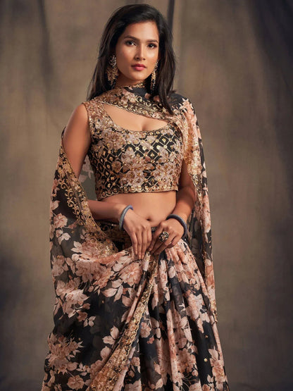 Tulsi Art Black Floral Embroidered Organza Wedding Wear Lehenga Choli