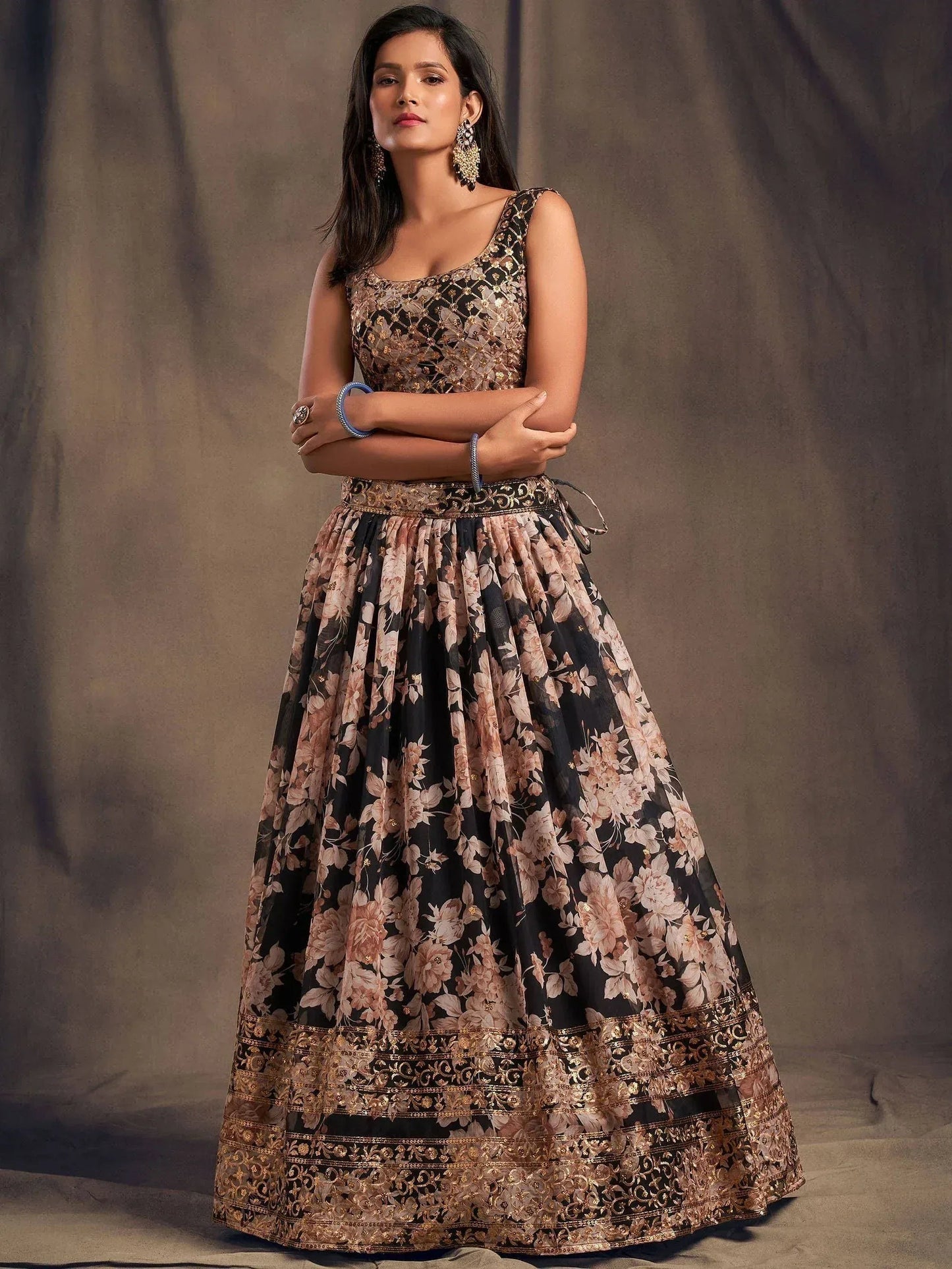 Tulsi Art Black Floral Embroidered Organza Wedding Wear Lehenga Choli