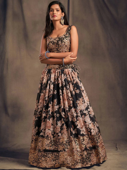 Tulsi Art Black Floral Embroidered Organza Wedding Wear Lehenga Choli