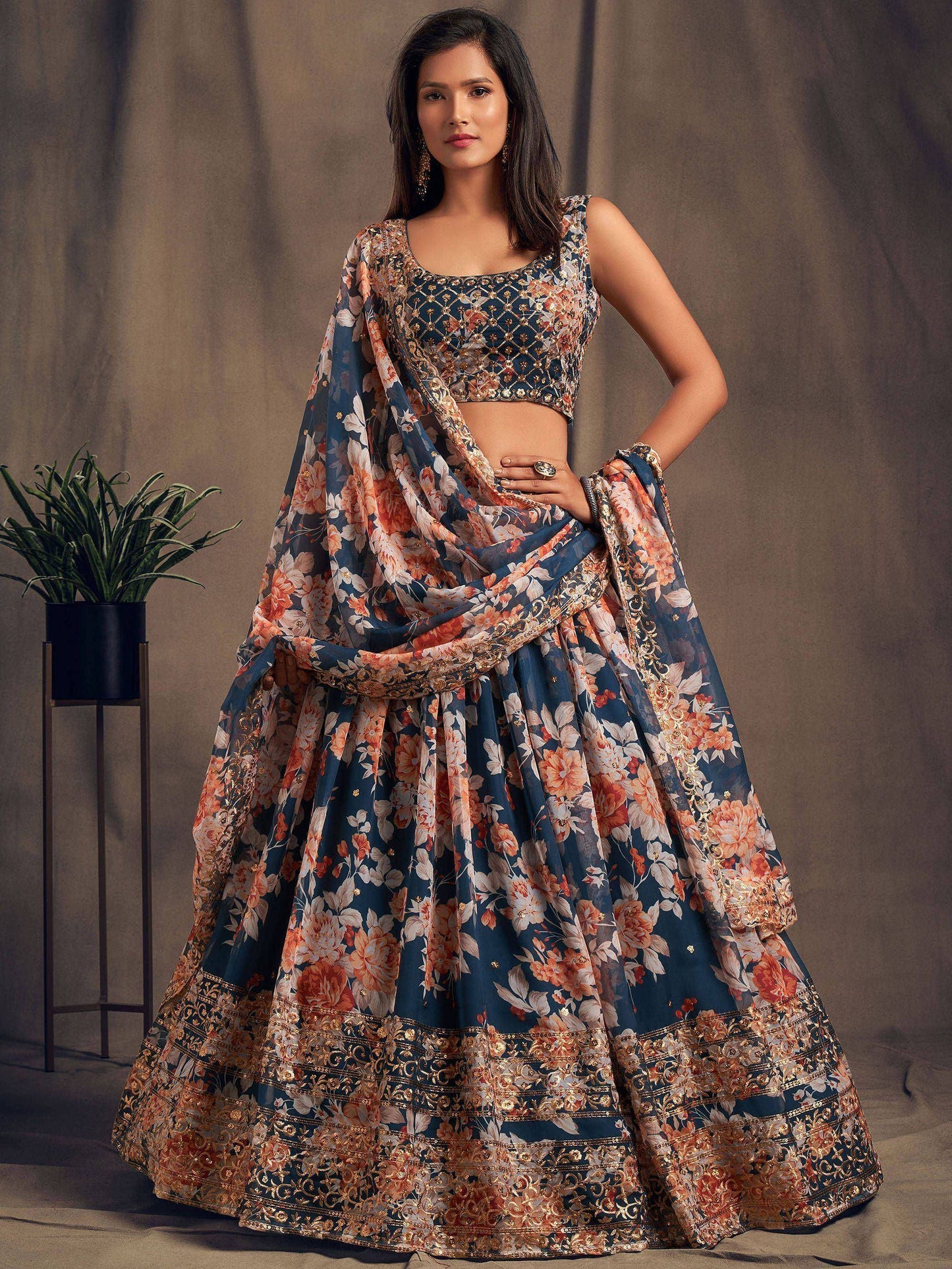 Tulsi Art Dove Blue Floral Embroidered Organza Wedding Wear Lehenga Choli