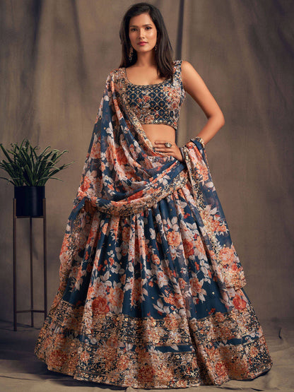 Tulsi Art Dove Blue Floral Embroidered Organza Wedding Wear Lehenga Choli
