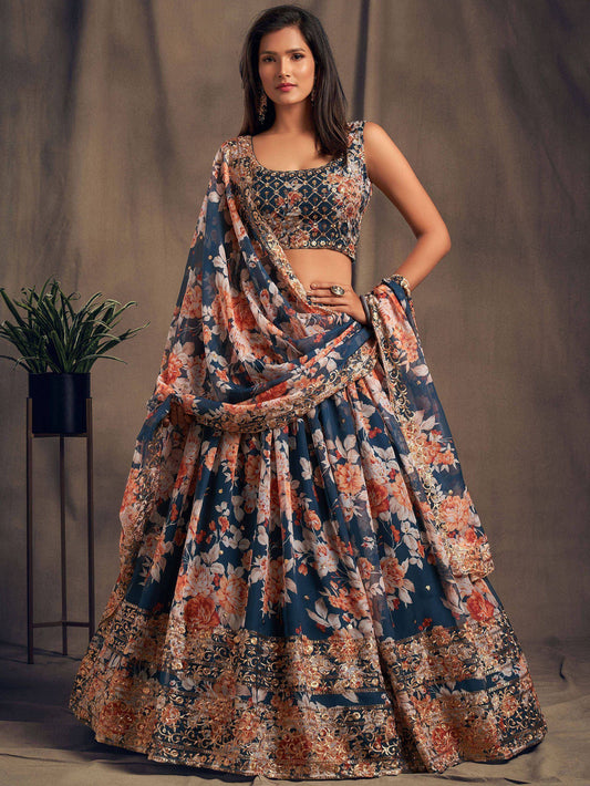 Tulsi Art Dove Blue Floral Embroidered Organza Wedding Wear Lehenga Choli