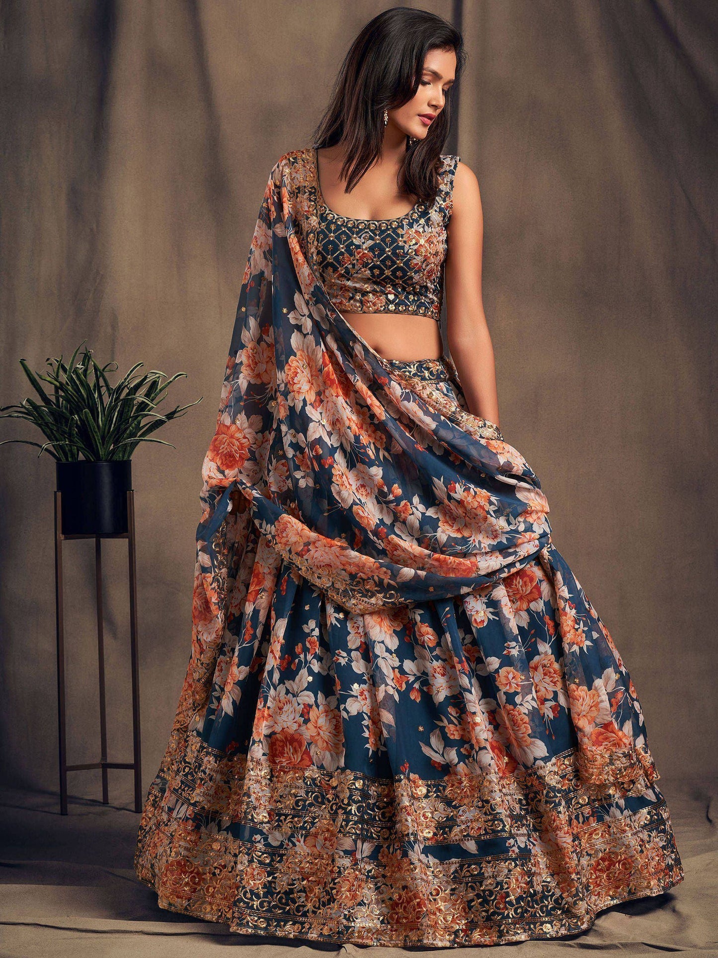 Tulsi Art Dove Blue Floral Embroidered Organza Wedding Wear Lehenga Choli