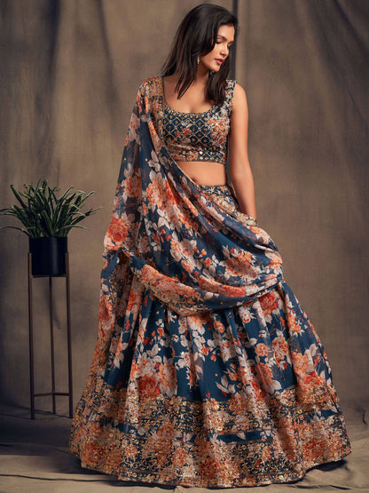 Tulsi Art Dove Blue Floral Embroidered Organza Wedding Wear Lehenga Choli