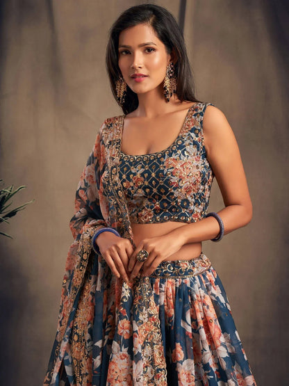 Tulsi Art Dove Blue Floral Embroidered Organza Wedding Wear Lehenga Choli