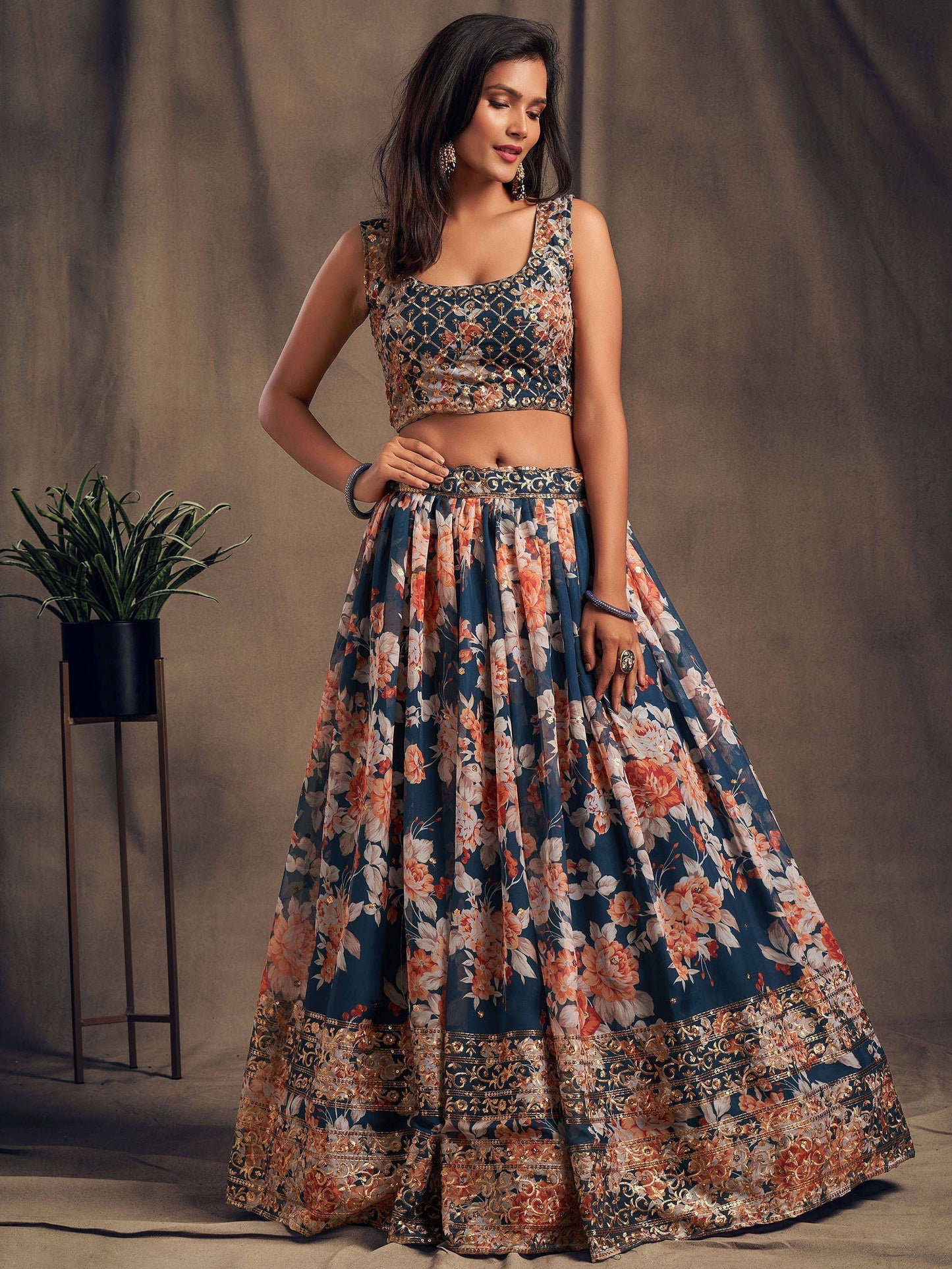 Tulsi Art Dove Blue Floral Embroidered Organza Wedding Wear Lehenga Choli