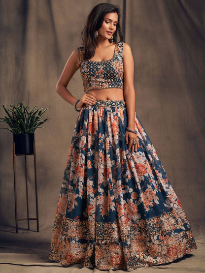 Tulsi Art Dove Blue Floral Embroidered Organza Wedding Wear Lehenga Choli