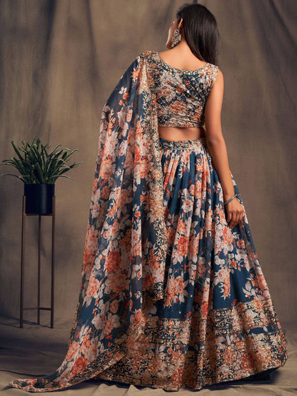 Tulsi Art Dove Blue Floral Embroidered Organza Wedding Wear Lehenga Choli