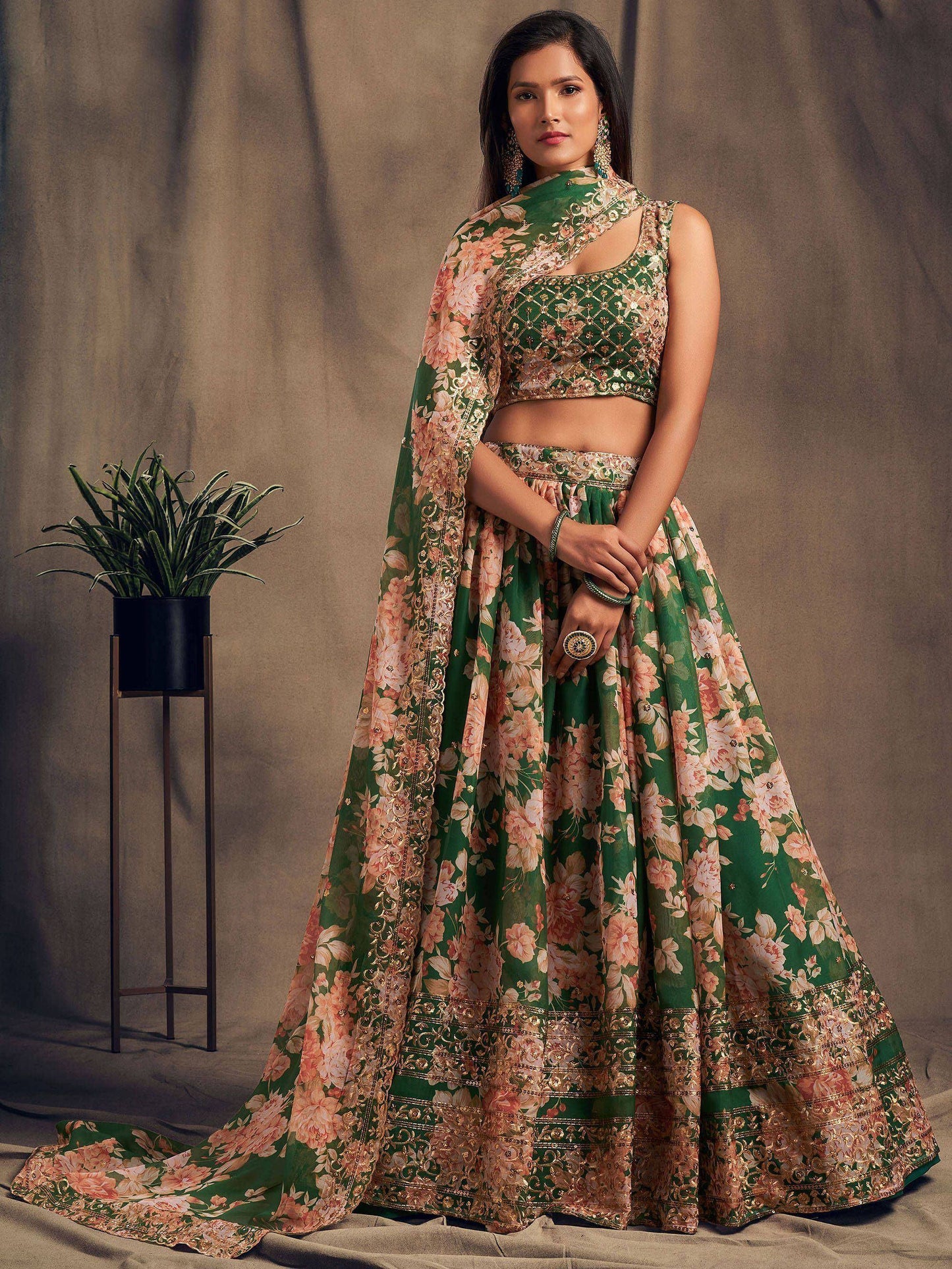Tulsi Art Green Floral Embroidered Organza Wedding Wear Lehenga Choli