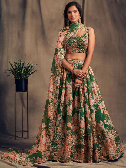Tulsi Art Green Floral Embroidered Organza Wedding Wear Lehenga Choli