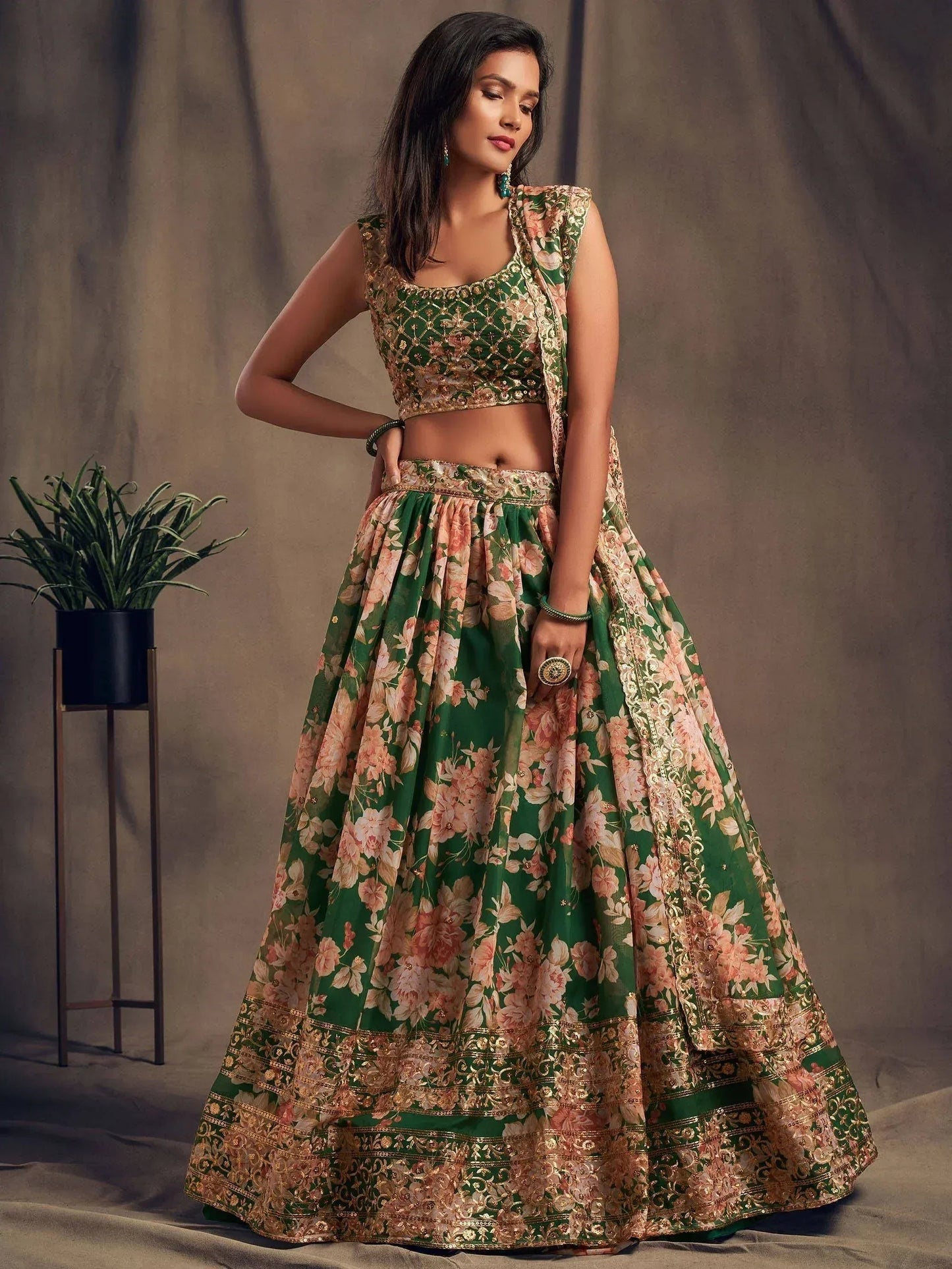Tulsi Art Green Floral Embroidered Organza Wedding Wear Lehenga Choli