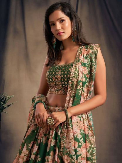 Tulsi Art Green Floral Embroidered Organza Wedding Wear Lehenga Choli