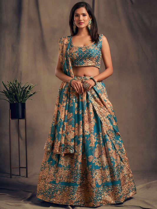 Tulsi Art Teal Blue Floral Embroidered Organza Wedding Wear Lehenga Choli