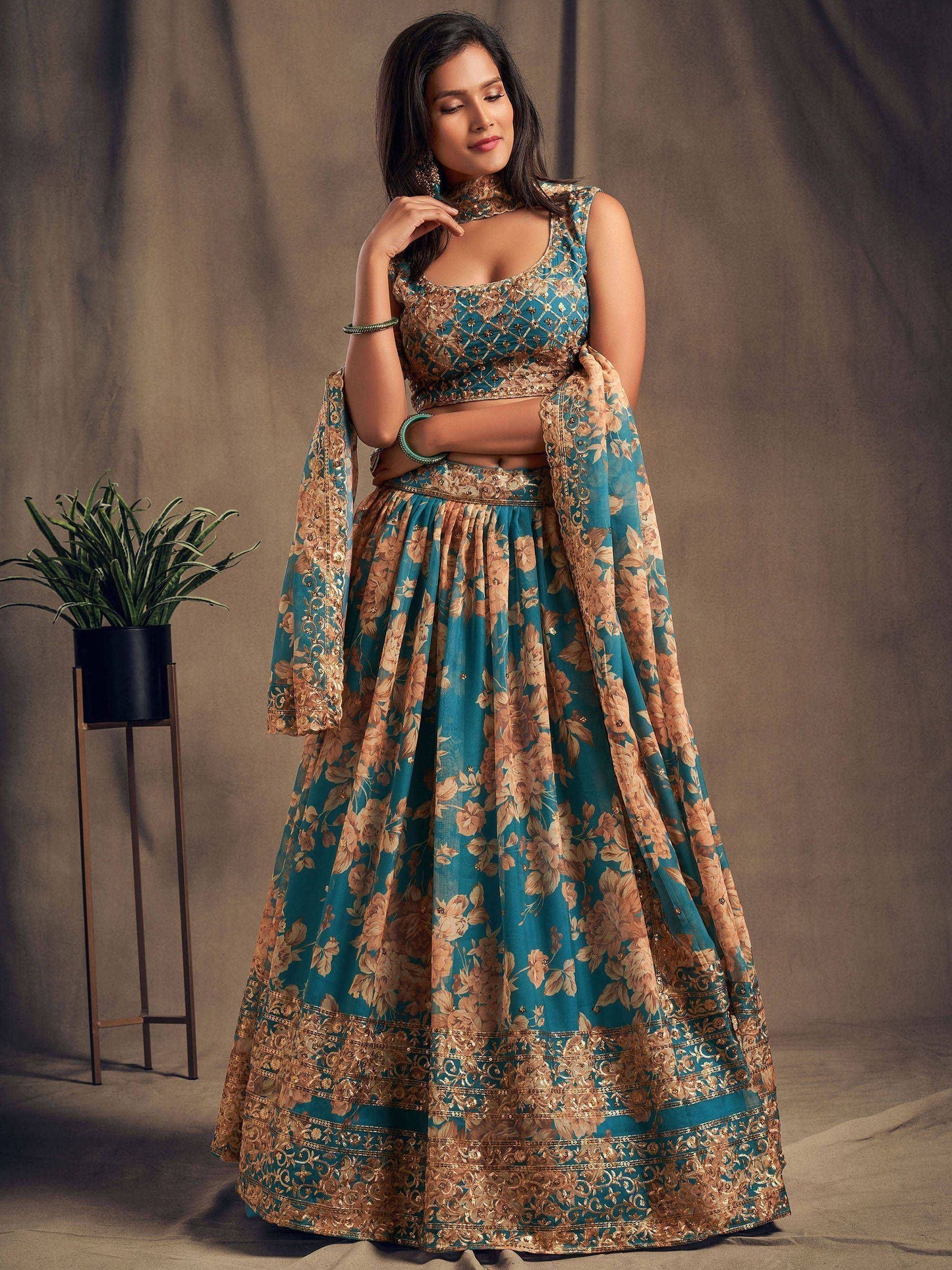 Tulsi Art Teal Blue Floral Embroidered Organza Wedding Wear Lehenga Choli