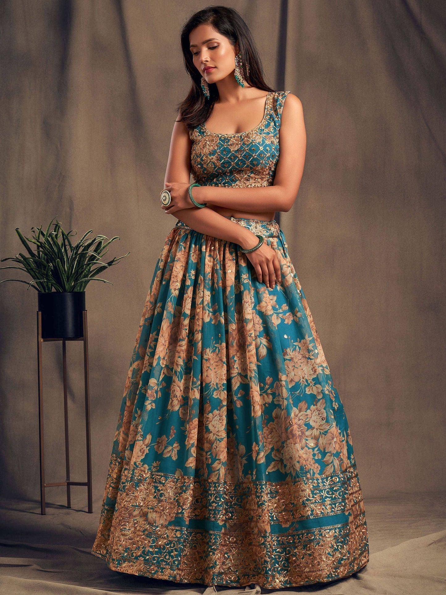 Tulsi Art Teal Blue Floral Embroidered Organza Wedding Wear Lehenga Choli