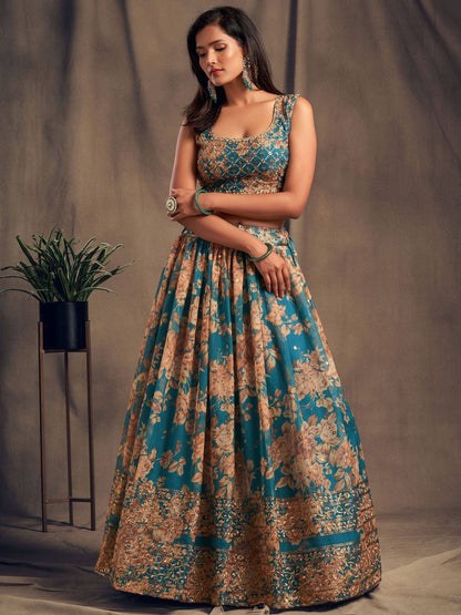 Tulsi Art Teal Blue Floral Embroidered Organza Wedding Wear Lehenga Choli
