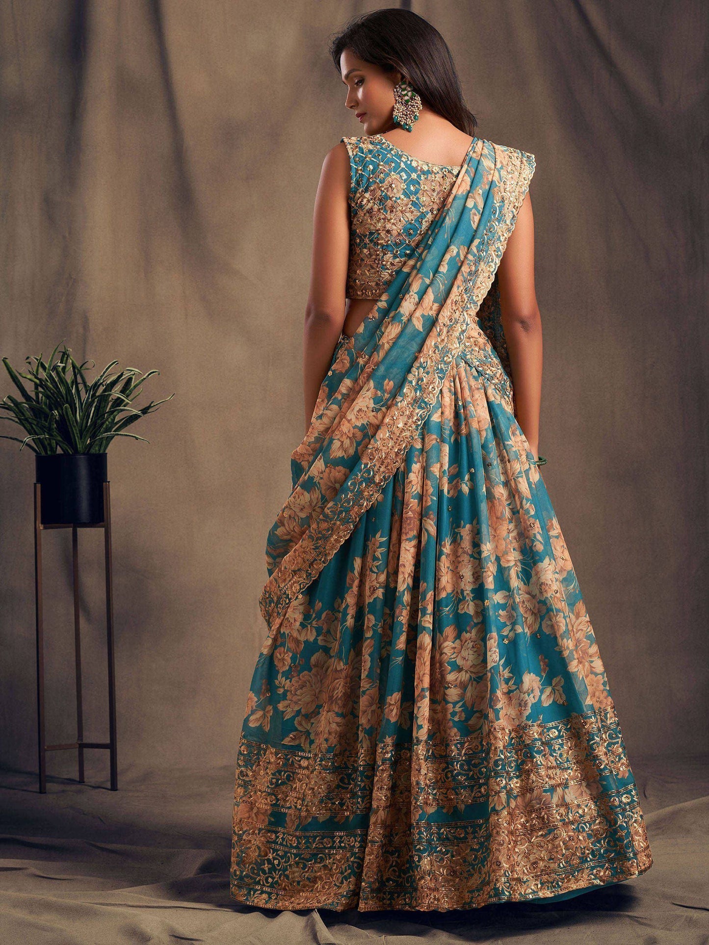 Tulsi Art Teal Blue Floral Embroidered Organza Wedding Wear Lehenga Choli